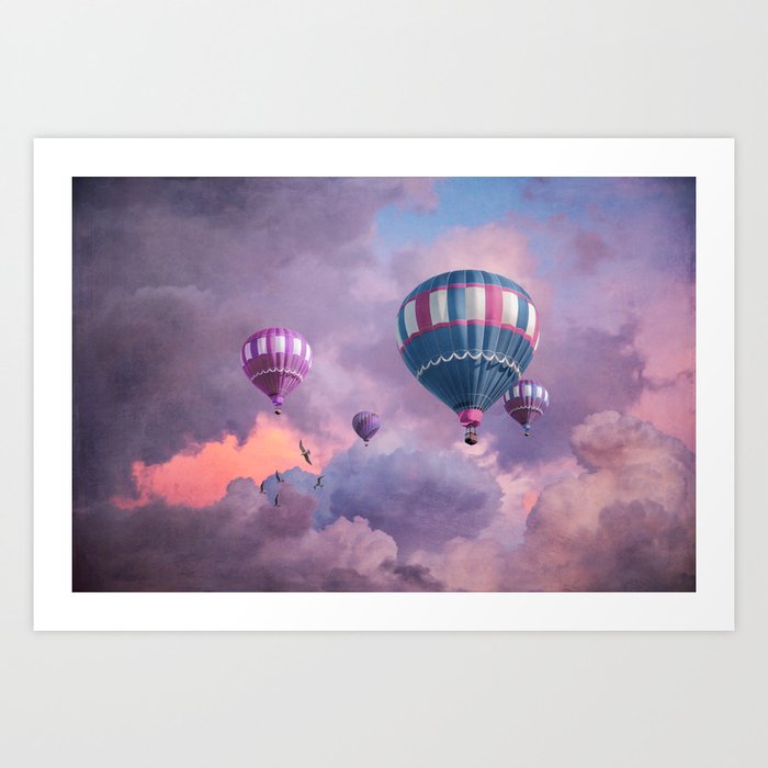 Blue, Pink, and Purple Hot Air Balloons on Pastel Clouds Art Print