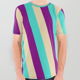[ Thumbnail: Turquoise, Purple & Tan Colored Stripes/Lines Pattern All Over Graphic Tee ]