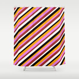 [ Thumbnail: Eye-catching Orange, Violet, Brown, White & Black Colored Striped/Lined Pattern Shower Curtain ]