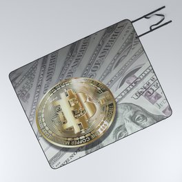 Bitcoin with dollar bills, cryptocurrency concept Picnic Blanket