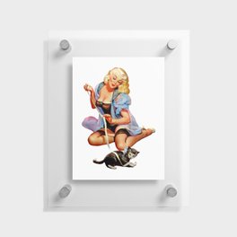 Sexy Blond Vintage Pinup Playing With a Cute Puppy Cat Floating Acrylic Print