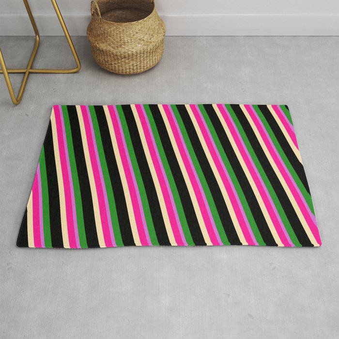 Vibrant Deep Pink, Beige, Black, Forest Green, and Orchid Colored Lines Pattern Rug