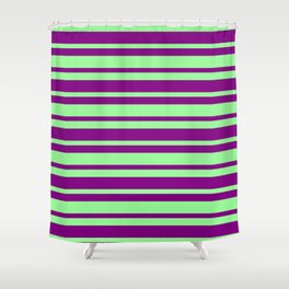 [ Thumbnail: Green and Purple Colored Lined Pattern Shower Curtain ]