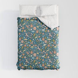 Dinosaurs + Unicorns in Blue + Coral Duvet Cover