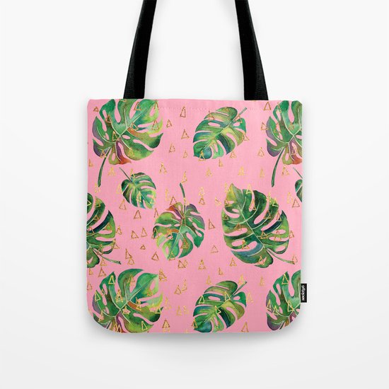 Monstera Gold // Monstera Pattern, Gold Foil Pattern, Lifestyle Digital Collage Pink Tote Bag