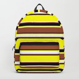 [ Thumbnail: Yellow, White, Sienna & Black Colored Stripes/Lines Pattern Backpack ]