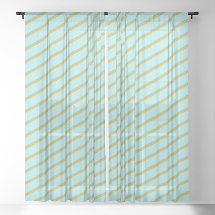 Turquoise and Dark Khaki Colored Striped Pattern Sheer Curtain