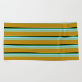 [ Thumbnail: Vibrant Black, Forest Green, Light Sky Blue, Dark Sea Green & Dark Goldenrod Colored Stripes Pattern Beach Towel ]