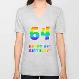 [ Thumbnail: HAPPY 64TH BIRTHDAY - Multicolored Rainbow Spectrum Gradient V Neck T Shirt V-Neck T-Shirt ]