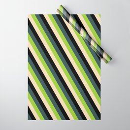 [ Thumbnail: Dark Slate Gray, Green, Tan, and Black Colored Pattern of Stripes Wrapping Paper ]