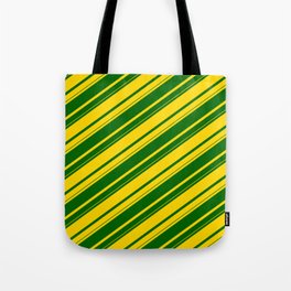 [ Thumbnail: Yellow & Dark Green Colored Lines/Stripes Pattern Tote Bag ]
