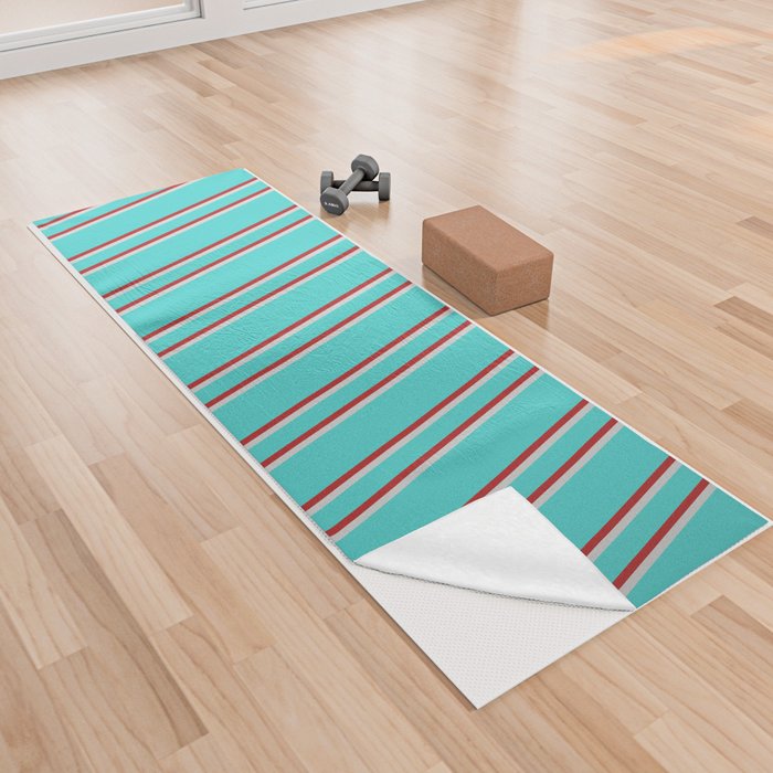 Turquoise, Light Grey & Red Colored Lines/Stripes Pattern Yoga Towel