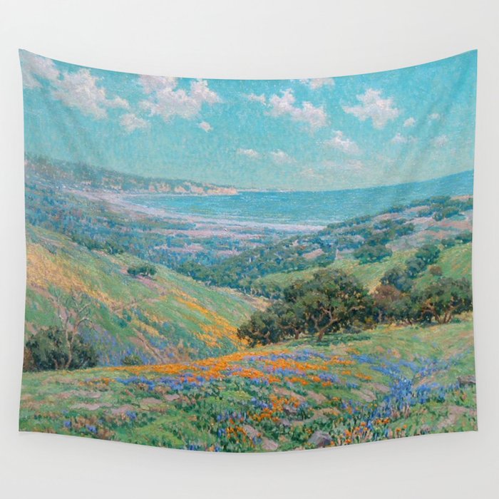 Malibu Coast, California with wild poppies floral seascape painting by Granville Redmond Wall Tapestry