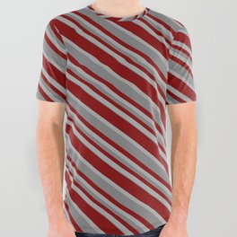 [ Thumbnail: Maroon, Dark Grey & Gray Colored Lined Pattern All Over Graphic Tee ]