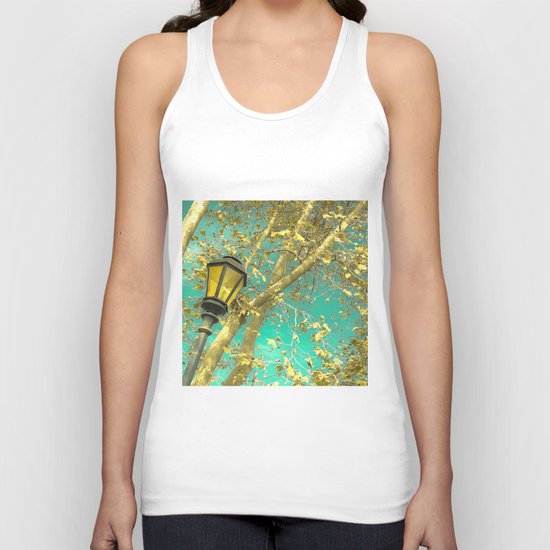 Autumn Gold Leafs in Turquoise Sky Unisex Tank Top