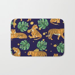 Modern Trendy Jungle Monstera and Tigers with Gold Spots Pattern Bath Mat