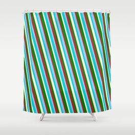 [ Thumbnail: Colorful Brown, Light Sky Blue, Dark Turquoise, Light Yellow & Green Colored Lined/Striped Pattern Shower Curtain ]