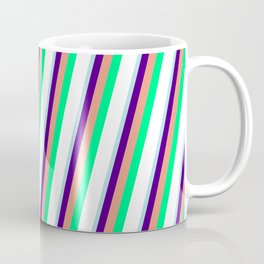 [ Thumbnail: Powder Blue, Indigo, Dark Salmon, Green, and White Colored Pattern of Stripes Coffee Mug ]