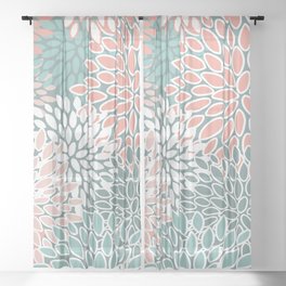 Festive, Floral Prints, Teal and Coral Sheer Curtain