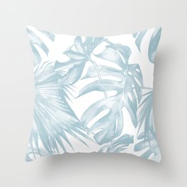 Blue Tropical Palm Leaves Print Throw Pillow