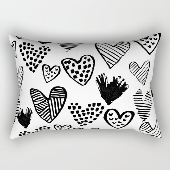 Hearts black and white hand drawn minimal love valentines day pattern gifts decor Rectangular Pillow