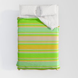 [ Thumbnail: Green, Chartreuse, Yellow & Tan Colored Stripes/Lines Pattern Duvet Cover ]