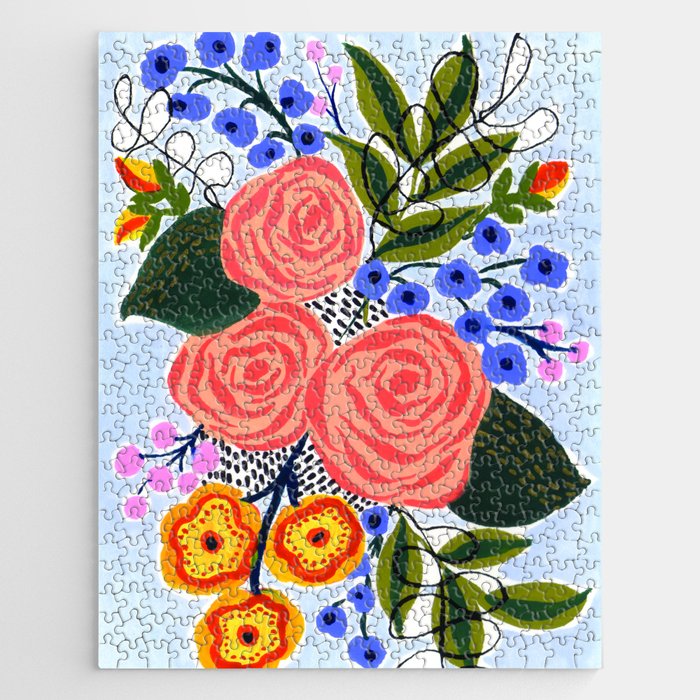 Gouache Abstract Flowers - Pink and Blue  Jigsaw Puzzle