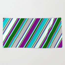 [ Thumbnail: Colorful Grey, Purple, Dark Turquoise, Mint Cream & Dark Green Colored Pattern of Stripes Beach Towel ]