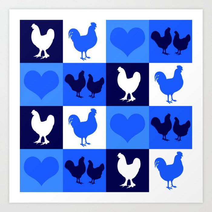Blue and White American Chickens Gingham Art Print