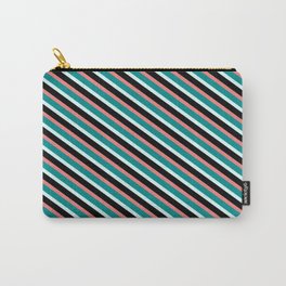 [ Thumbnail: Light Coral, Dark Cyan, Light Cyan, and Black Colored Lined/Striped Pattern Carry-All Pouch ]