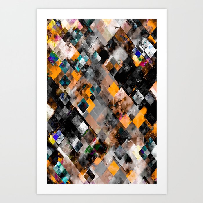 geometric pixel square pattern abstract art in orange brown blue Art Print