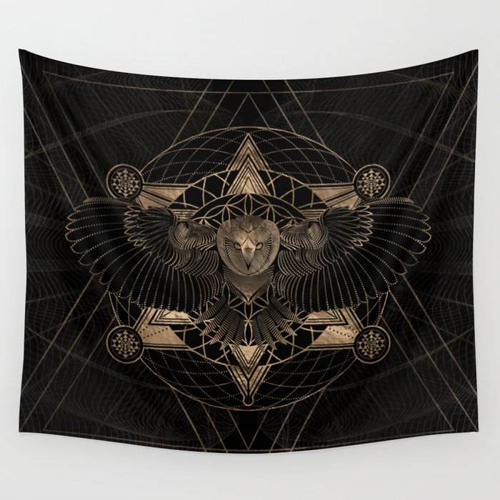 Owl in Sacred Geometry Composition - Black and Gold Wall Tapestry