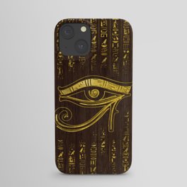 Golden Egyptian Eye of Horus  and hieroglyphics on wood iPhone Case