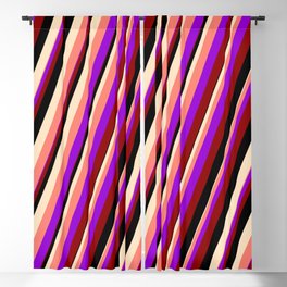 [ Thumbnail: Vibrant Dark Violet, Dark Red, Black, Bisque, and Salmon Colored Stripes Pattern Blackout Curtain ]