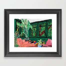 Sleeping Tuxedo Cat in Emerald Green and Coral Rose Pink Garden Room Modernist Painting Framed Art Print