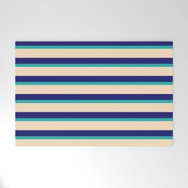 [ Thumbnail: Light Sea Green, Bisque, and Midnight Blue Colored Striped Pattern Welcome Mat ]