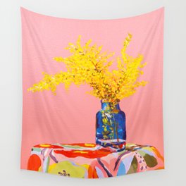 Pink Fuzzy Still Life | Golden Wattle Flower | Australian Native Flowers Wall Tapestry