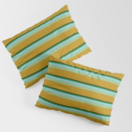 [ Thumbnail: Vibrant Black, Forest Green, Light Sky Blue, Dark Sea Green & Dark Goldenrod Colored Stripes Pattern Pillow Sham ]