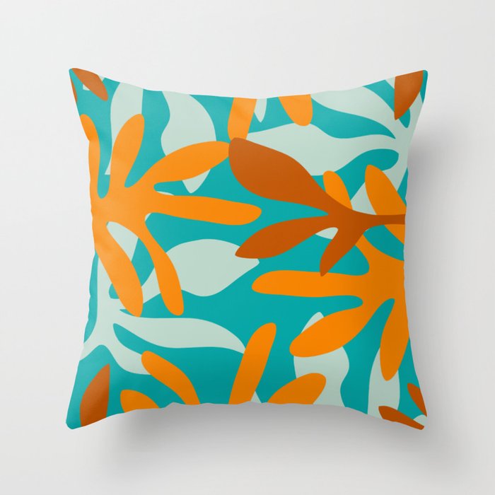Seychelles Garden Botanical Abstract in Rust, Orange, Aqua, and Turquoise Throw Pillow