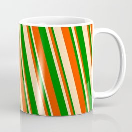 [ Thumbnail: Red, Tan, and Green Colored Striped Pattern Coffee Mug ]