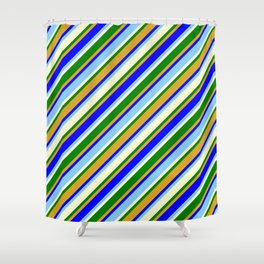 [ Thumbnail: Eyecatching Light Yellow, Green, Goldenrod, Blue, and Light Sky Blue Colored Striped Pattern Shower Curtain ]
