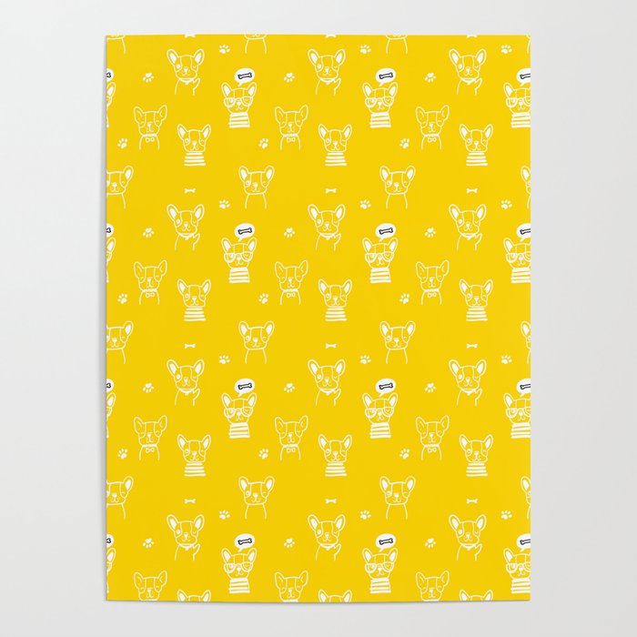 Yellow and White Hand Drawn Dog Puppy Pattern Poster