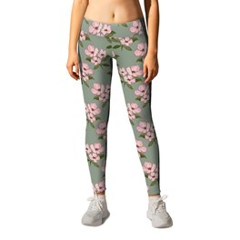 Vintage pink floral with green leaves seamless pattern on green background Leggings