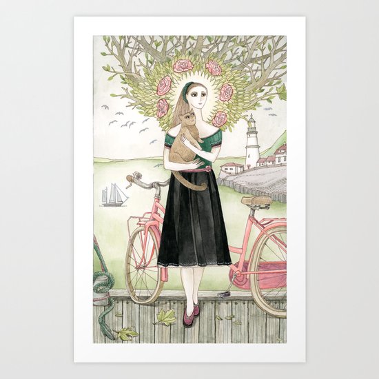 Girl and cat with pink bicycle Art Print
