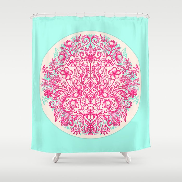 Spring Arrangement - floral doodle in pink & mint Shower Curtain