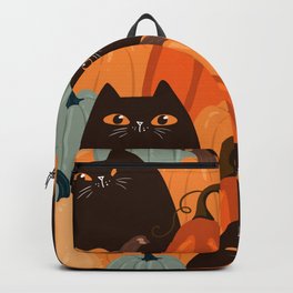 Cute seamless pattern with black cats and pumpkins. Trendy autumn colors. Vintage illustration Backpack