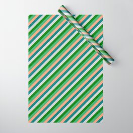 [ Thumbnail: Eye-catching Teal, Light Grey, Green, Sea Green & Light Salmon Colored Lined/Striped Pattern Wrapping Paper ]