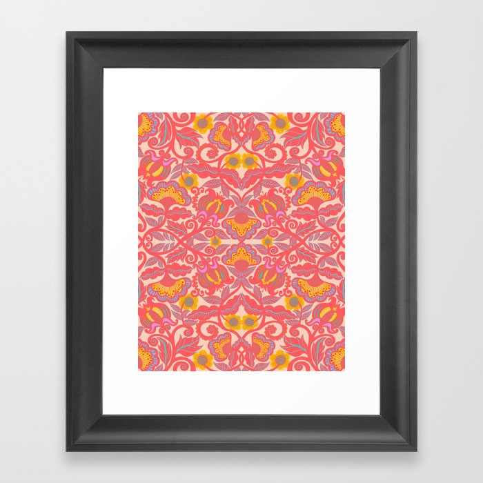 Pink Vines and Flowers Pattern Framed Art Print