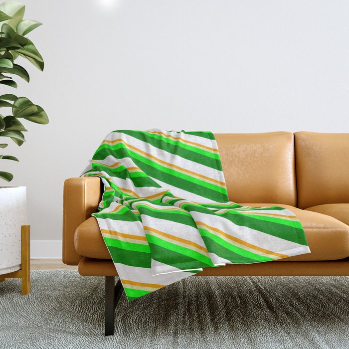 Vibrant Orange, Pale Goldenrod, Lime, Green, and White Colored Stripes/Lines Pattern Throw Blanket
