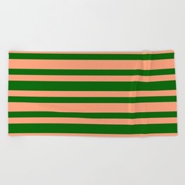 [ Thumbnail: Dark Green & Light Salmon Colored Striped/Lined Pattern Beach Towel ]